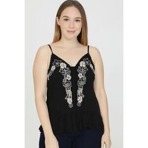 Love on a Hanger Black Embroidered Floral Spaghetti Strap Peplum Top Size Small